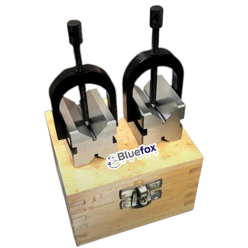 BLUE FOX V Block Set - Clamp Hardened Steel 90 Degree Angle Precision, 1-5/8x 1-1/4 x 1-1/4 | Mechanical Tool Set, Multi-Purpose Use for Machining & Layout | Engineering Product with Wooden Box - Image 1